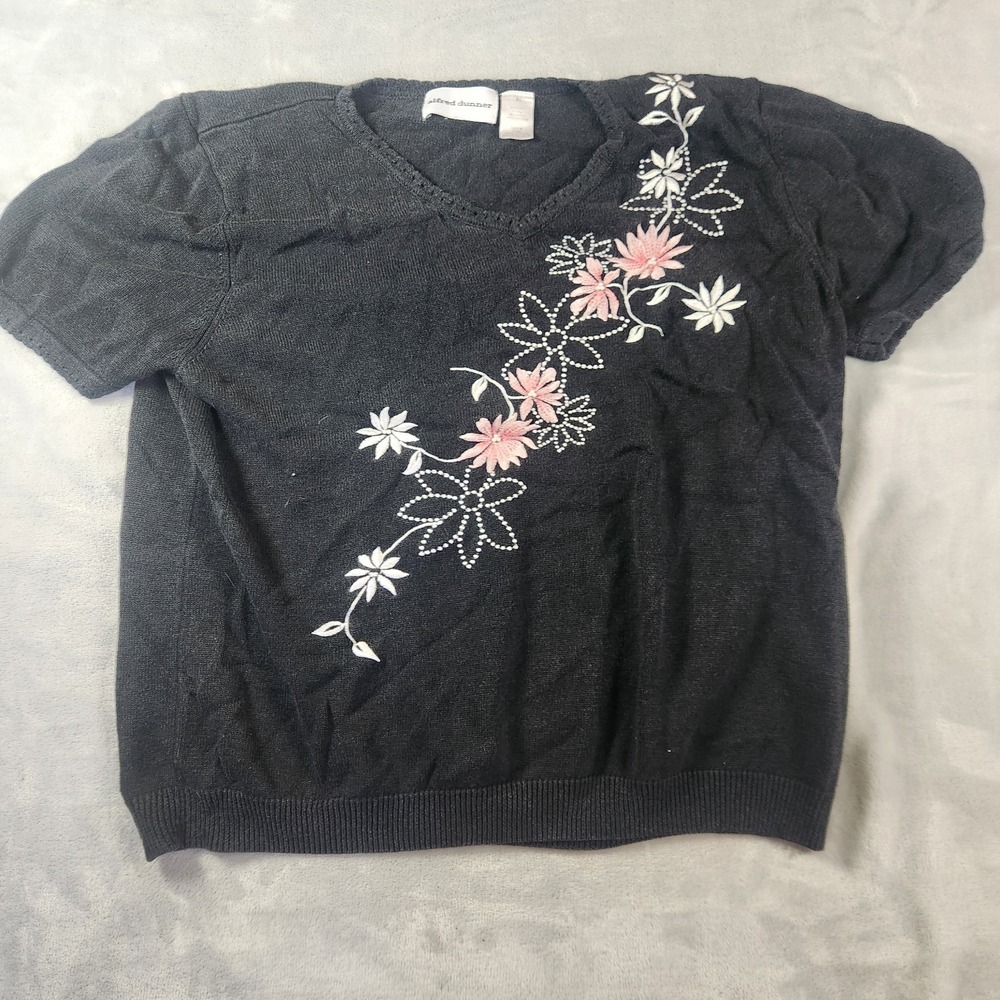 Alfred Dunner XL Black short sleeve Sweater‎ Floral Cottage Coastal Grandma VTG